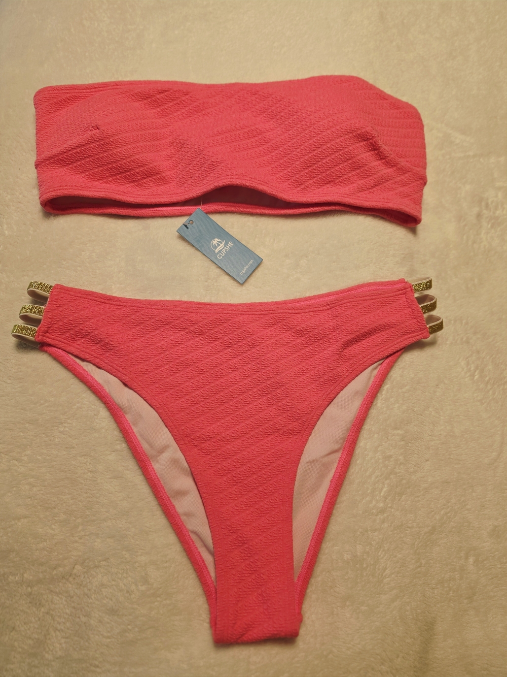 Cupshe Textured Bandeau Bikini Set with Gold Accent Straps